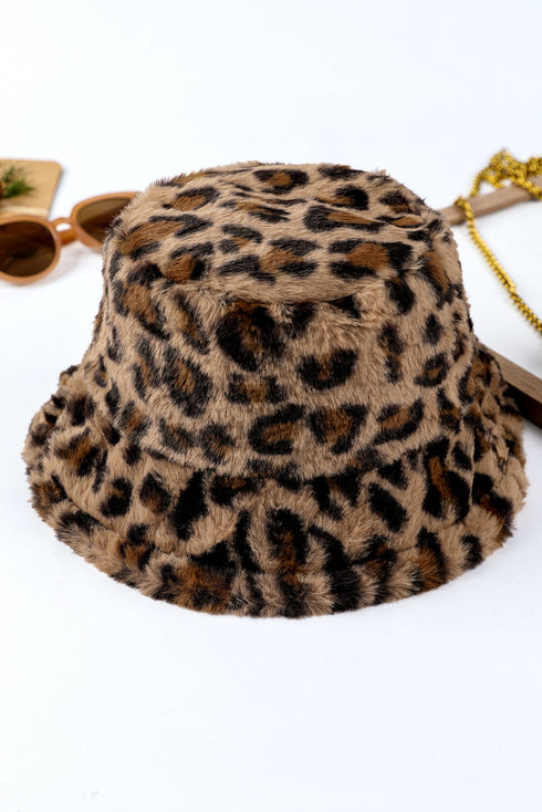 Plush Leopard Print Wide Brim Rabbit Hair Fisherman Hat