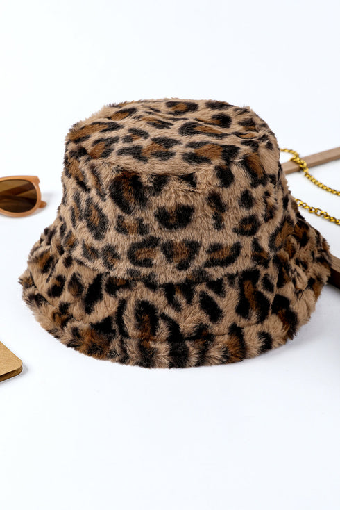 Plush Leopard Print Wide Brim Rabbit Hair Fisherman Hat