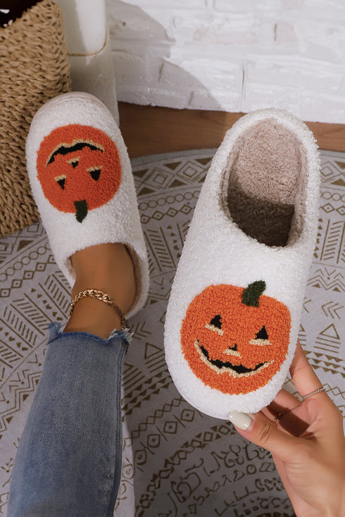 Plush Pumpkin Face Graphic Fleece Slip On Slippers