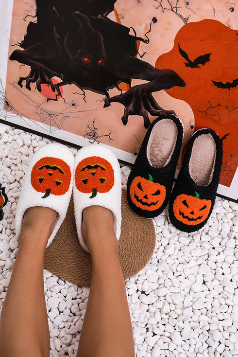 Plush Pumpkin Face Graphic Fleece Slip On Slippers