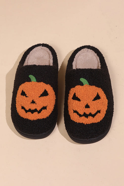 Plush Pumpkin Face Graphic Fleece Slip On Slippers