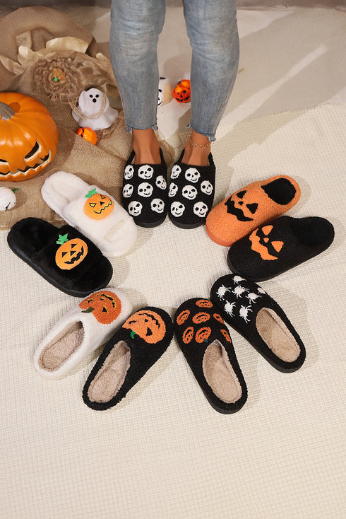 Plush Pumpkin Face Graphic Fleece Slip On Slippers