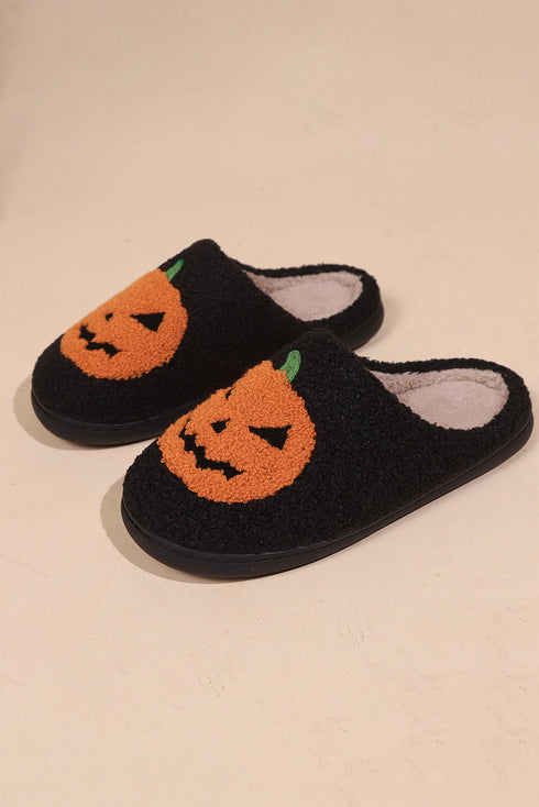 Plush Pumpkin Face Graphic Fleece Slip On Slippers