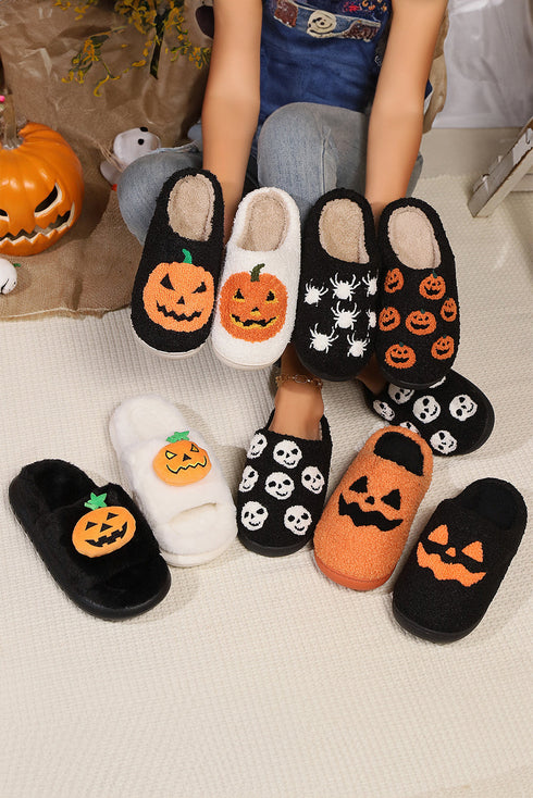Plush Pumpkin Face Graphic Fleece Slip On Slippers