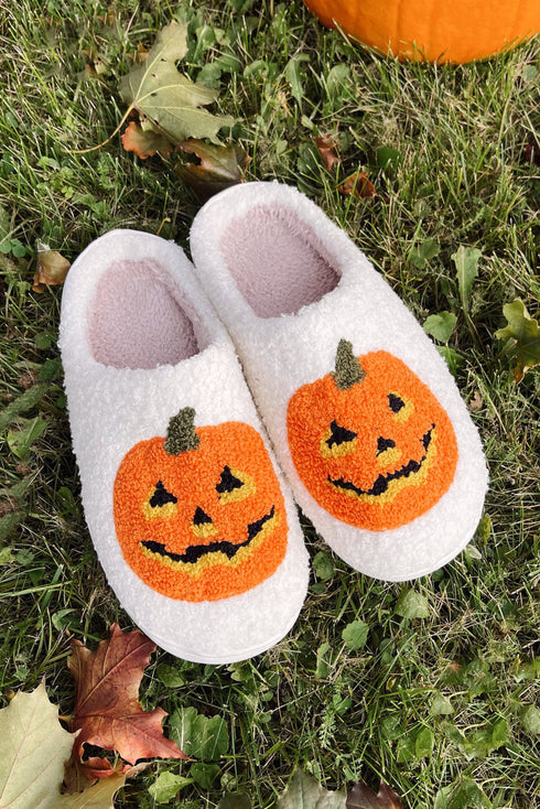 Plush Pumpkin Face Graphic Fleece Slip On Slippers