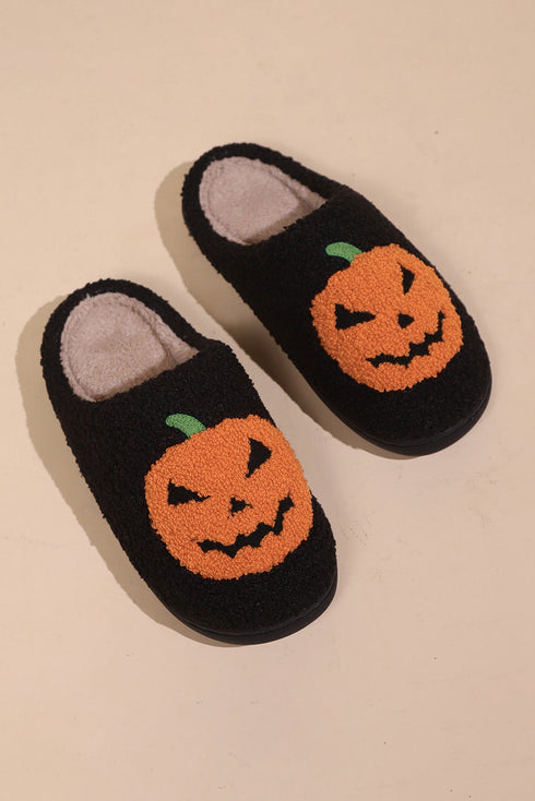 Plush Pumpkin Face Graphic Fleece Slip On Slippers