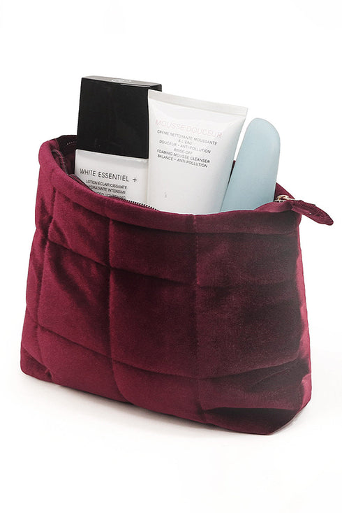 Plush Quilted Velour Zippered Travel Cosmetic Pouch