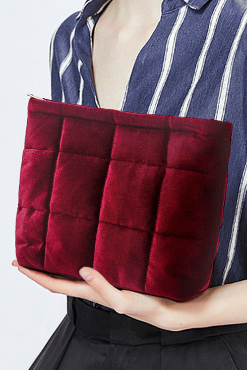 Plush Quilted Velour Zippered Travel Cosmetic Pouch