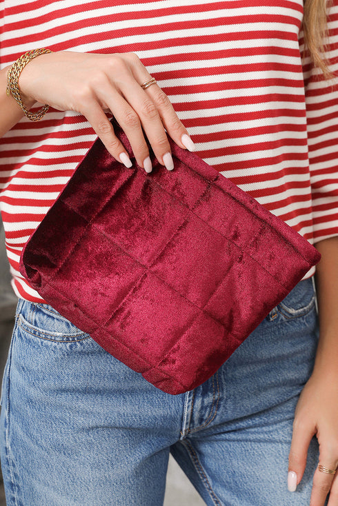 Plush Quilted Velour Zippered Travel Cosmetic Pouch
