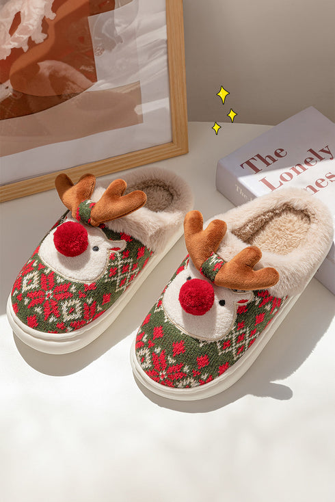 Plush Reindeer Motif Novelty Fuzzy Slide Slipper