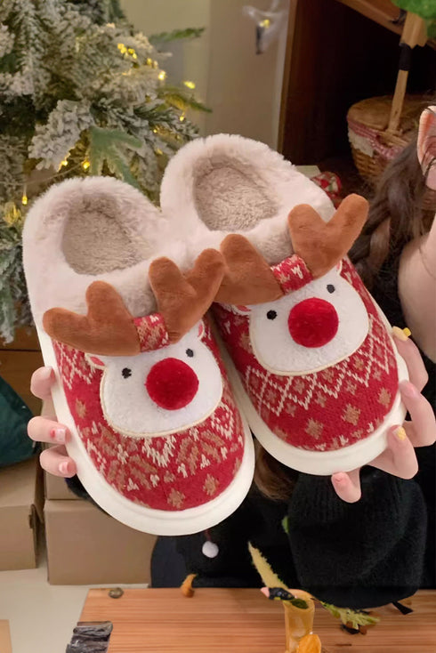 Plush Reindeer Motif Novelty Fuzzy Slide Slipper