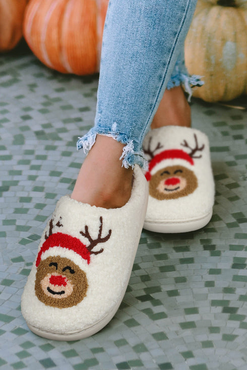 Plush Reindeer Motif Soft Fleece Indoor Slippers