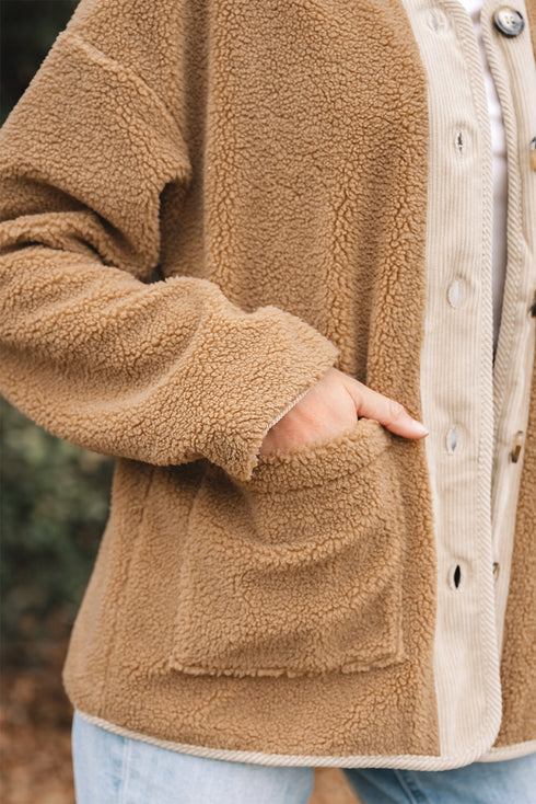 Plush Sherpa Fleece Patchwork Corduroy Edge Jacket