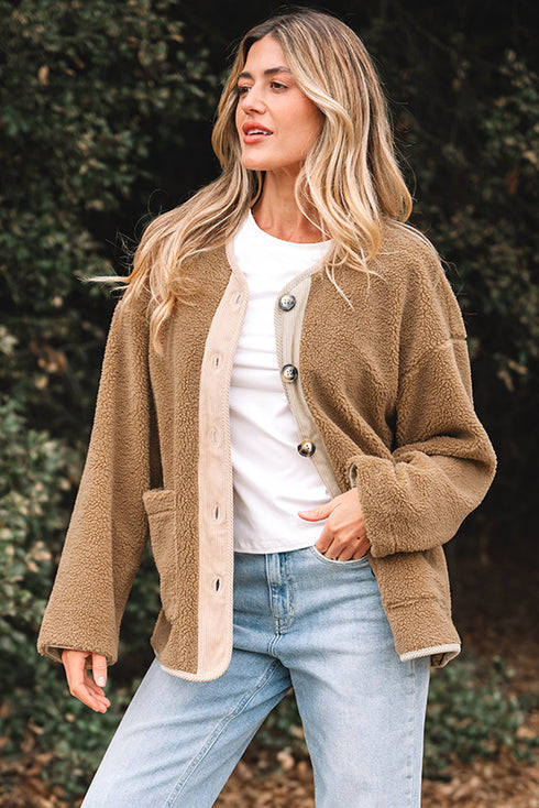 Plush Sherpa Fleece Patchwork Corduroy Edge Jacket