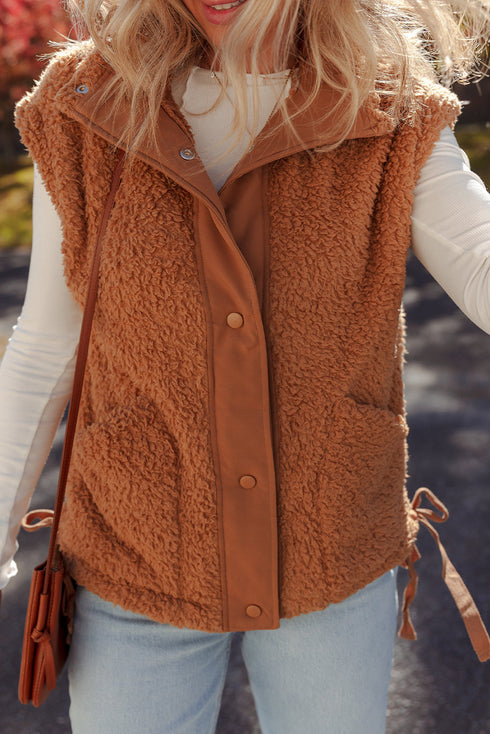 Plush Sherpa Snap Front Side Tie Pocket Vest