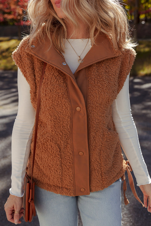 Plush Sherpa Snap Front Side Tie Pocket Vest