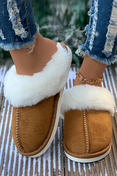 Plush Suede Texture Patchwork Fleece Lined Slip On Slippers