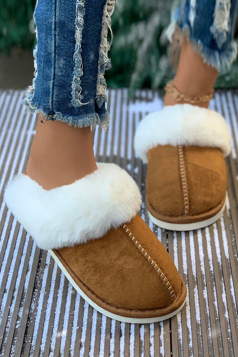 Plush Suede Texture Patchwork Fleece Lined Slip On Slippers