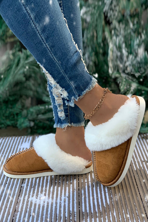 Plush Suede Texture Patchwork Fleece Lined Slip On Slippers