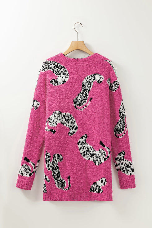 Plush Textured Animal Print Open Front Cardigan