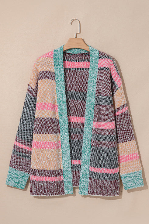 Plush Textured Knit Open Front Striped Cardigan