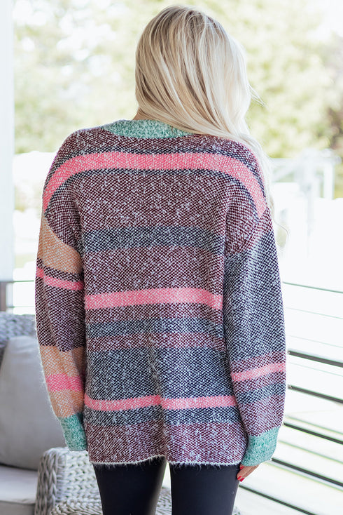 Plush Textured Knit Open Front Striped Cardigan