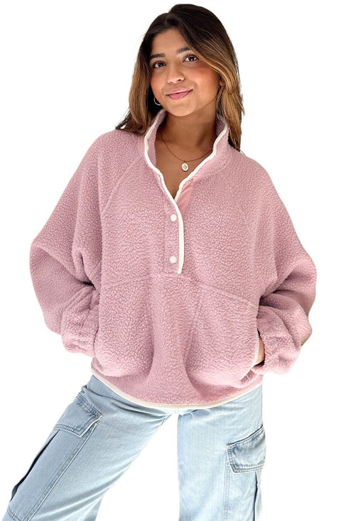 Plush Textured Sherpa Fleece Snap Button Pullover