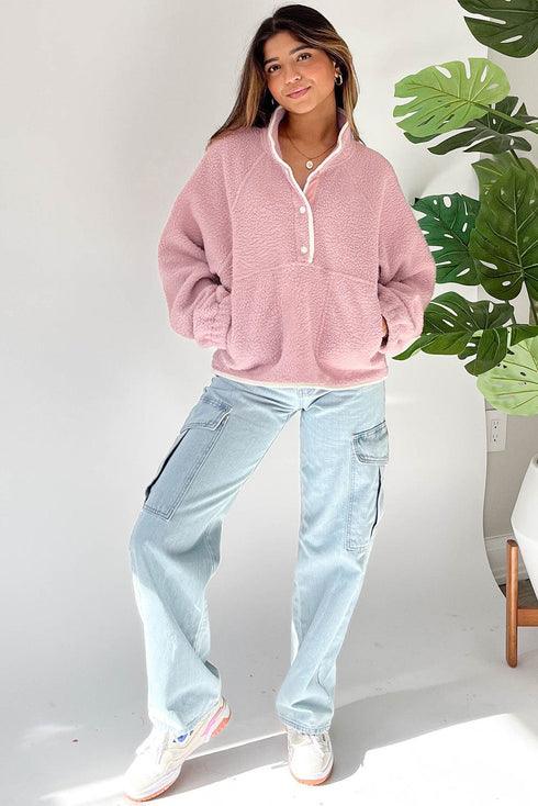 Plush Textured Sherpa Fleece Snap Button Pullover