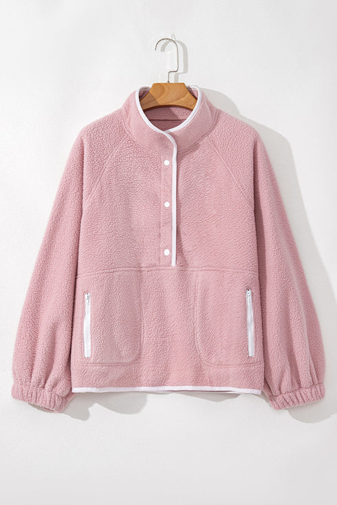 Plush Textured Sherpa Fleece Snap Button Pullover