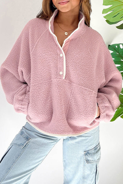 Plush Textured Sherpa Fleece Snap Button Pullover