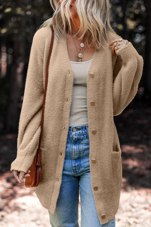 Plush V Neck Button Front Long Sleeve Pocketed Cardigan