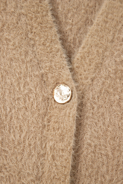 Plush V Neck Button Front Long Sleeve Pocketed Cardigan