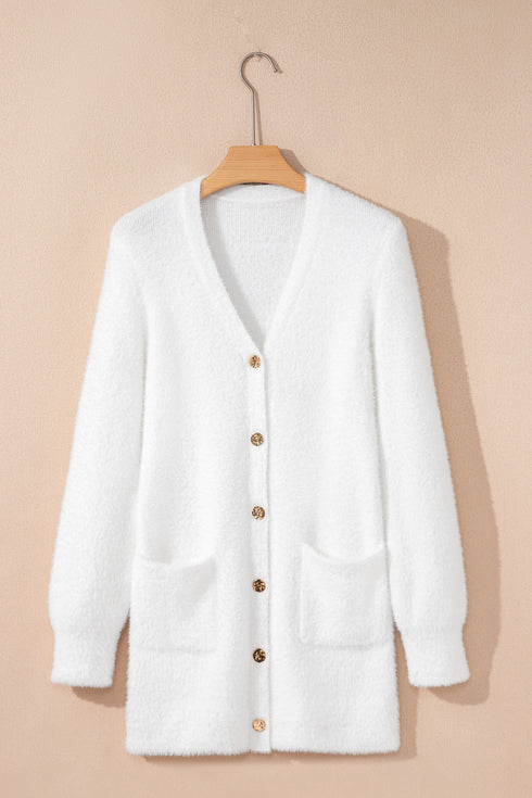 Plush V Neck Button Front Long Sleeve Pocketed Cardigan