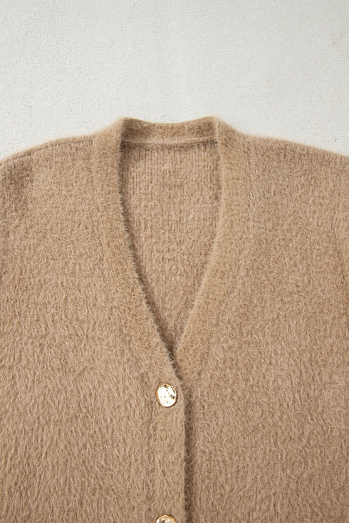 Plush V Neck Button Front Long Sleeve Pocketed Cardigan