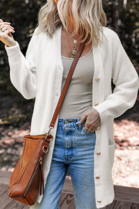 Plush V Neck Button Front Long Sleeve Pocketed Cardigan