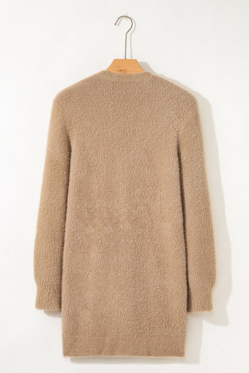 Plush V Neck Button Front Long Sleeve Pocketed Cardigan