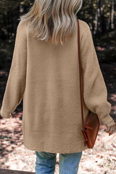 Plush V Neck Button Front Long Sleeve Pocketed Cardigan
