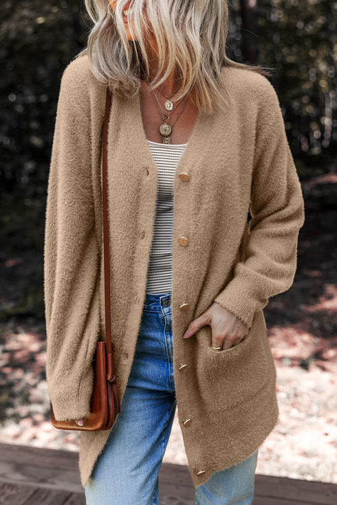 Plush V Neck Button Front Long Sleeve Pocketed Cardigan