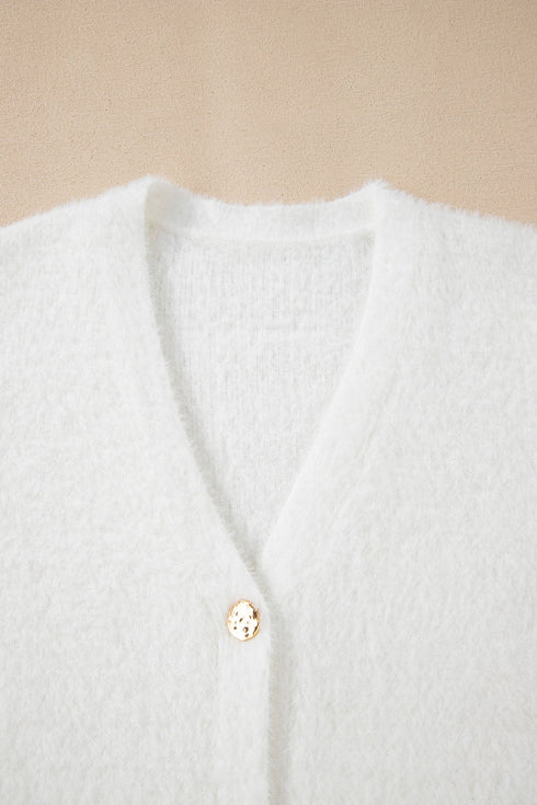 Plush V Neck Button Front Long Sleeve Pocketed Cardigan