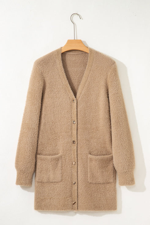 Plush V Neck Button Front Long Sleeve Pocketed Cardigan