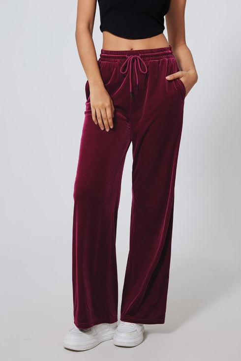 Plush Velour High Waisted Wide Leg Drawstring Pants