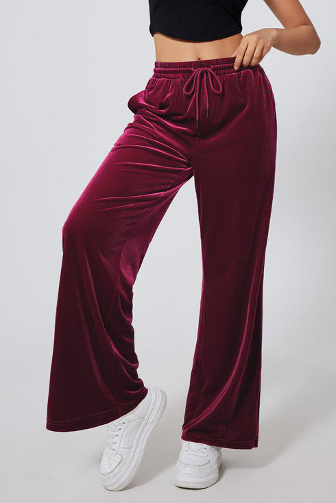 Plush Velour High Waisted Wide Leg Drawstring Pants