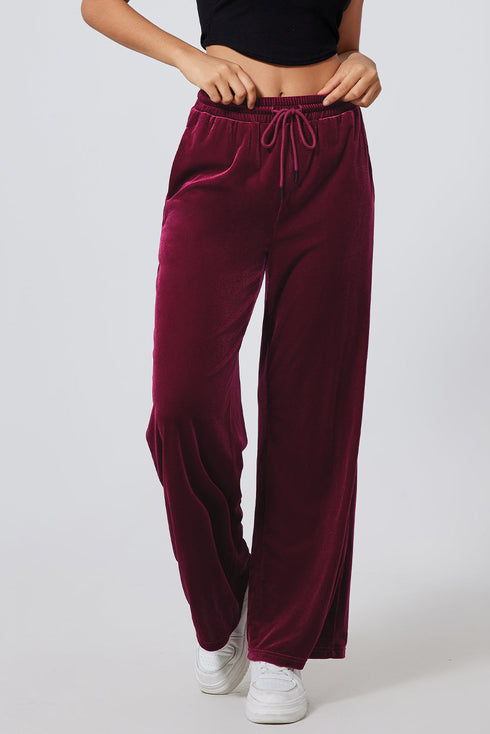 Plush Velour High Waisted Wide Leg Drawstring Pants