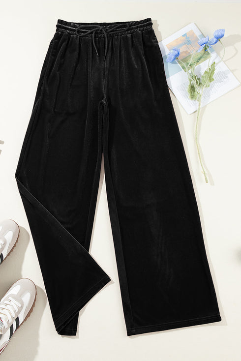 Plush Velour High Waisted Wide Leg Drawstring Pants