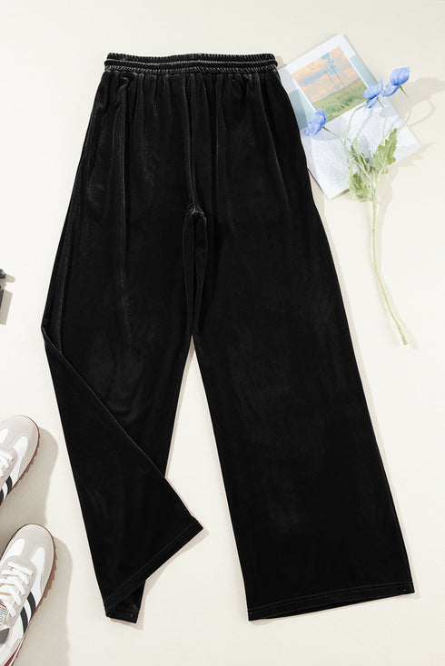 Plush Velour High Waisted Wide Leg Drawstring Pants