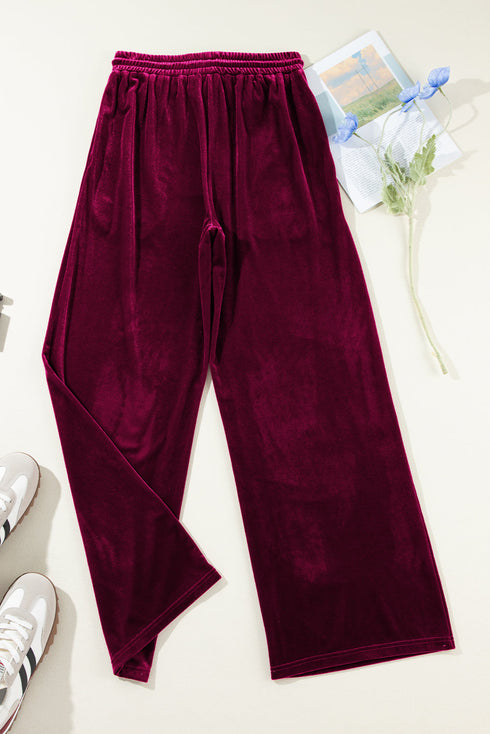 Plush Velour High Waisted Wide Leg Drawstring Pants