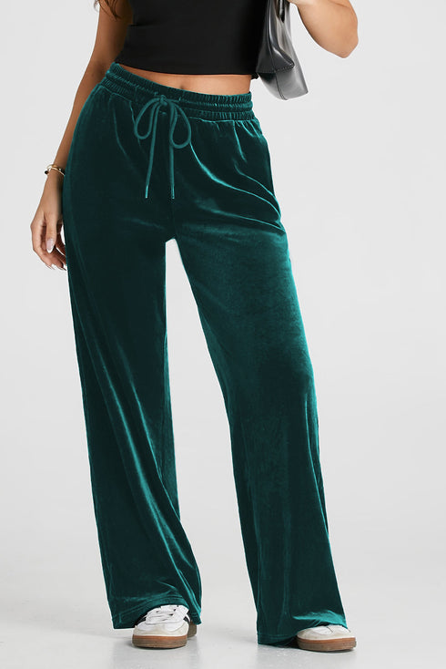 Plush Velour High Waisted Wide Leg Drawstring Pants