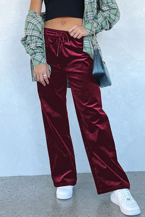 Plush Velour High Waisted Wide Leg Drawstring Pants