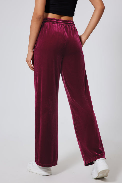 Plush Velour High Waisted Wide Leg Drawstring Pants