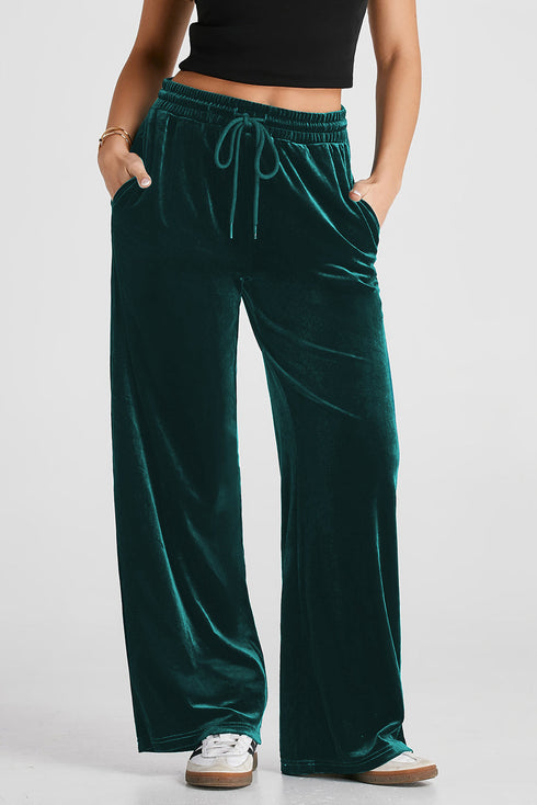 Plush Velour High Waisted Wide Leg Drawstring Pants